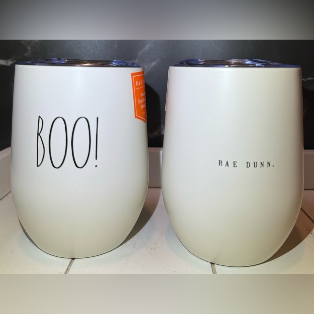 Rae Dunn Set of 2 Halloween BOO Insulated Stainless Wine Tumbler with Lid